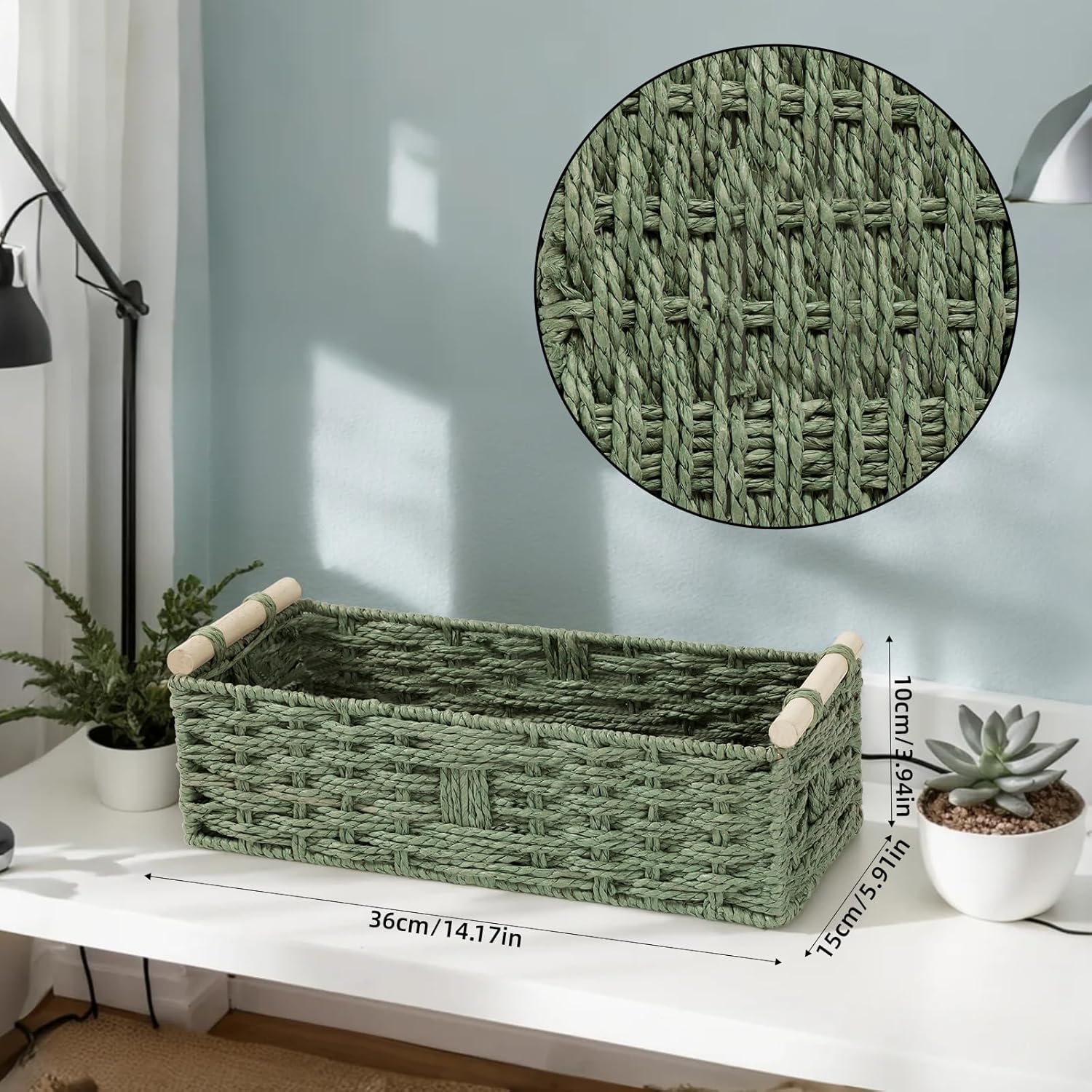 Regine Switzerland Toilet Paper Storage Basket - Decorative Green Wicker Organizer with Wooden Handles