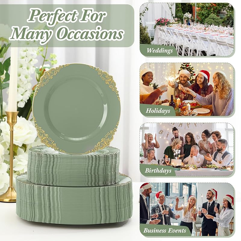 Umigy Sage Green Plastic Dinnerware Set with Gold Edges, 300 Pcs - Disposable Plates, Cutlery & Cups (Variation: Sage Green+300)