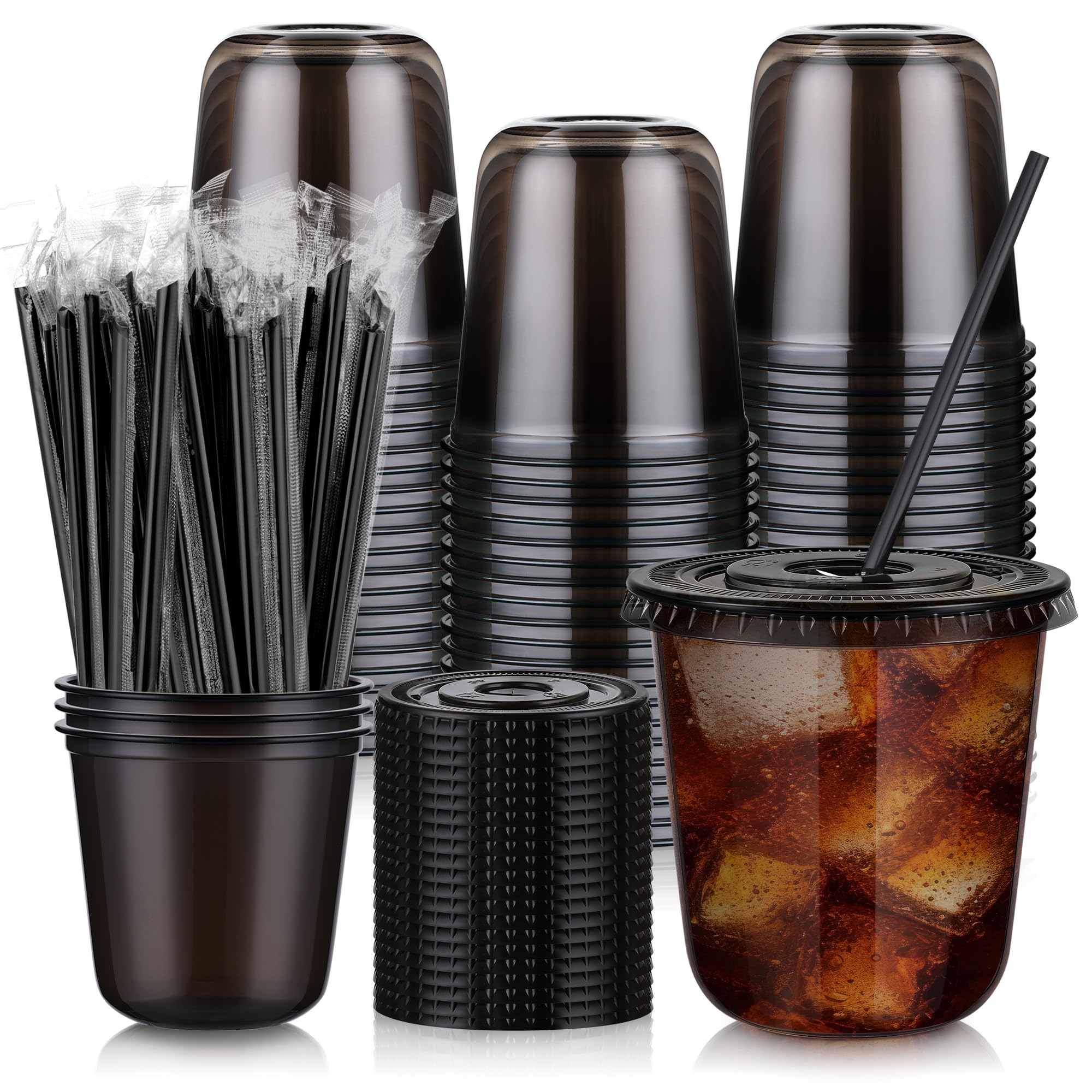 tchrules 100 Set 12oz Black Plastic Cups with Lids & Straws, Disposable Iced Coffee Cup with Lid, Round Bottom Plastic To Go Cups for Cold Drinks Slushie Smoothie Lemonade Party Picnic Shop Supplies