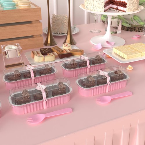 LOKQING 100 Pack Mini Loaf Pans with Lids Rectangle Individual Cake Pans Aluminum Foil Pans for Large Gatherings Picnics Vacations Parties(Pink, 6.8 OZ)