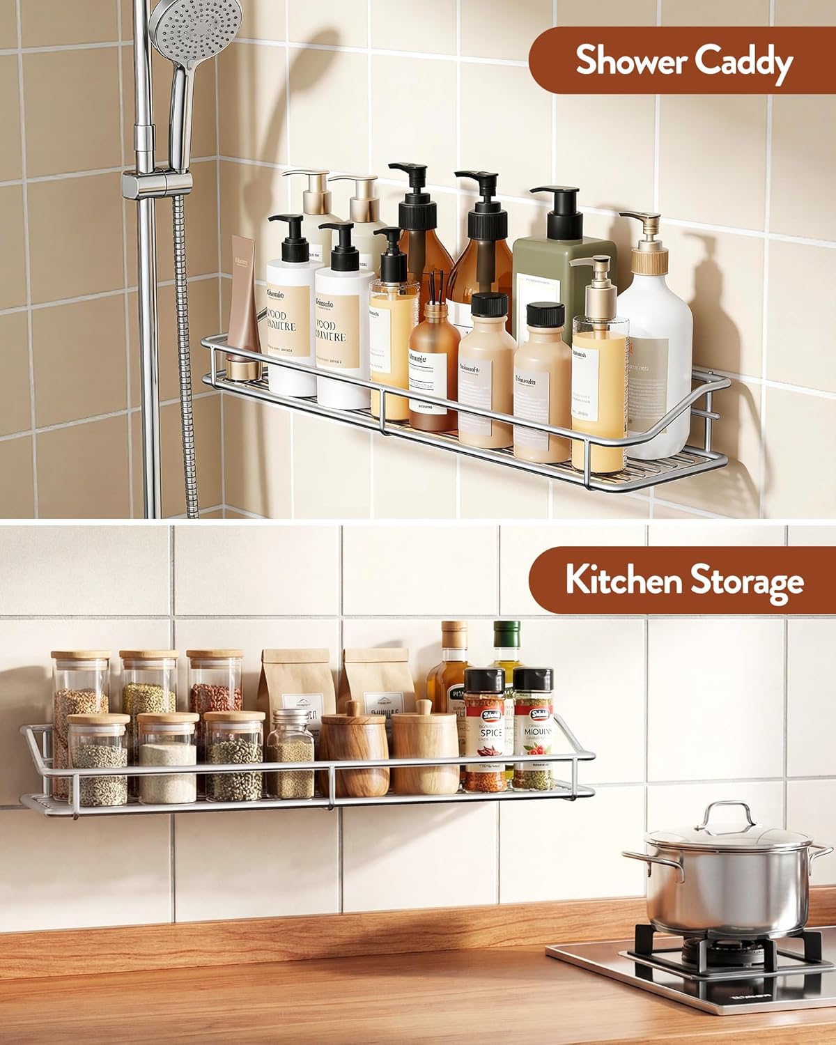 Orimade Bathroom Shelf Organizer - Traceless Adhesive Shower Caddy | 15.75 Inch Silver SUS304 Stainless Steel