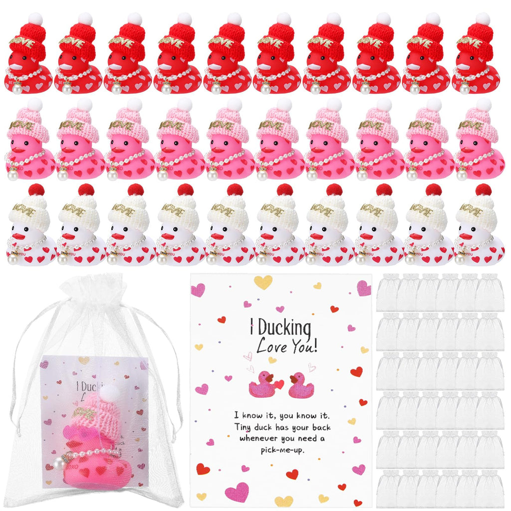 Lunmon 50 Pcs Valentine's Day Rubber Duck for Exchanging Gifts 50 Cards 50 Organza Bags 50 Hats 2 Inch Pink Red Heart Love Valentines Duck with Fake Pearl Necklace for Party Favors