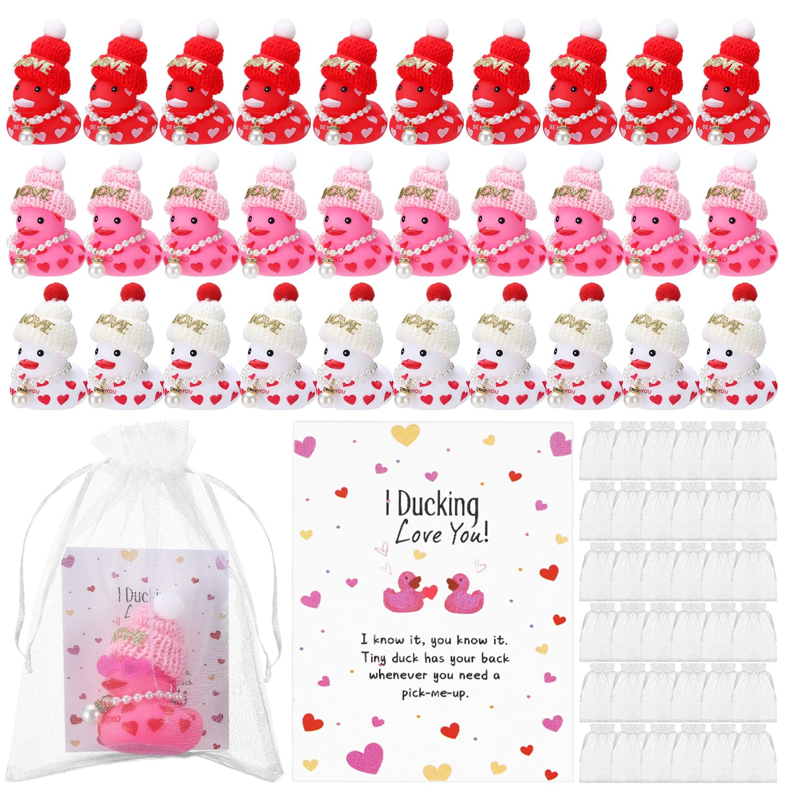 Lunmon 50 Pcs Valentine's Day Rubber Duck for Exchanging Gifts 50 Cards 50 Organza Bags 50 Hats 2 Inch Pink Red Heart Love Valentines Duck with Fake Pearl Necklace for Party Favors