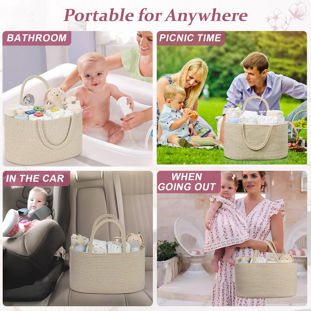 Skiennix Baby Diaper Caddy Organizer - 19L Cotton Rope Storage Basket with Removable Divider | Ideal for Nursery & Car