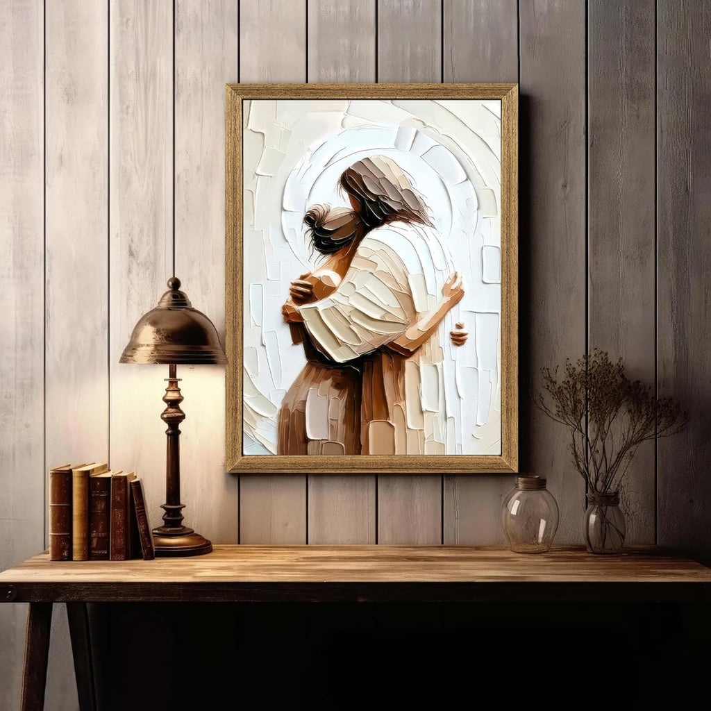 Palette Dreams Canvas Wall Art - Jesus Embracing Woman | Christian Painting Print, 12 x 16 Inch Framed Decor