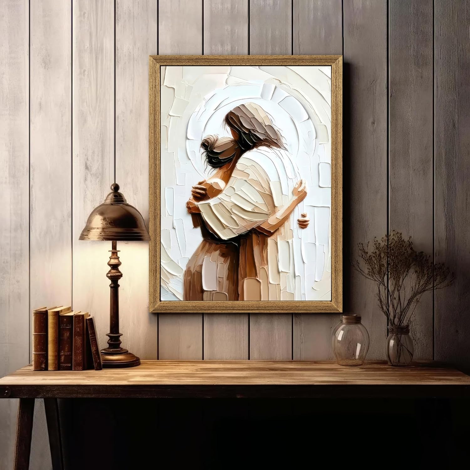 Palette Dreams Canvas Wall Art - Jesus Embracing Woman | Christian Painting Print, 12 x 16 Inch Framed Decor