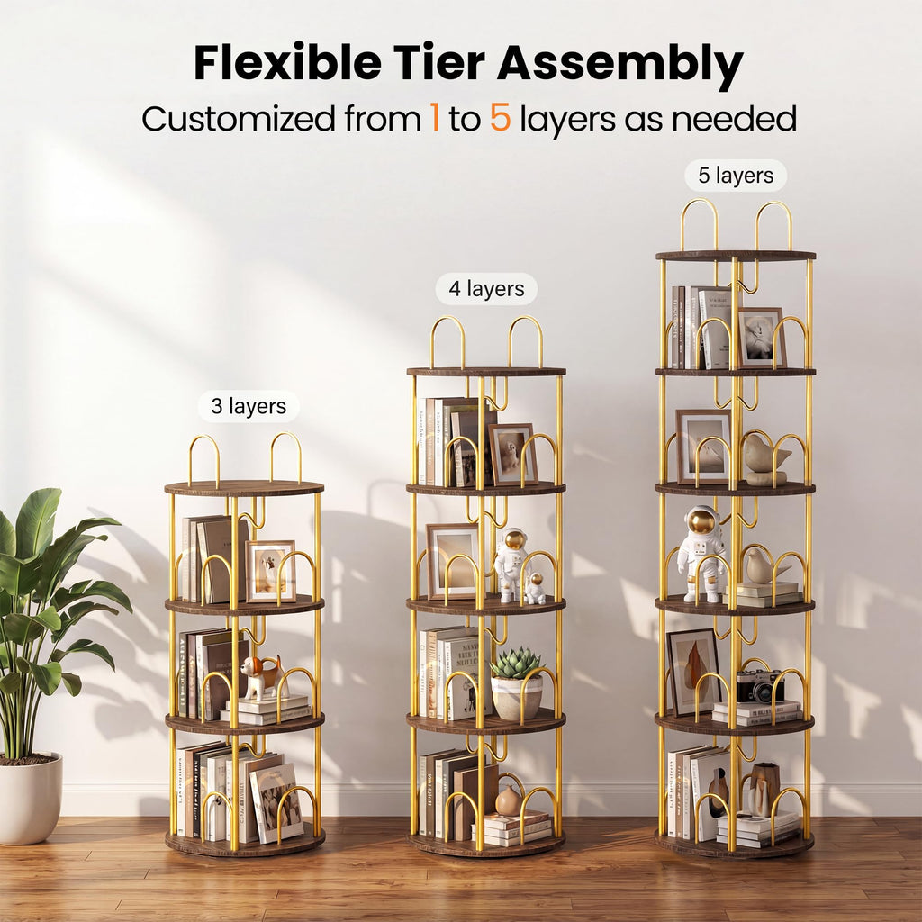 Merkisa 5 Tier Rotating Bookshelf, 360° Spinning Bookshelf Tower, Narrow Corner Book Shelf, Revolving Bookcase Corner Tall Book Shelf for Small Spaces, Bedroom, Living Room, Gold