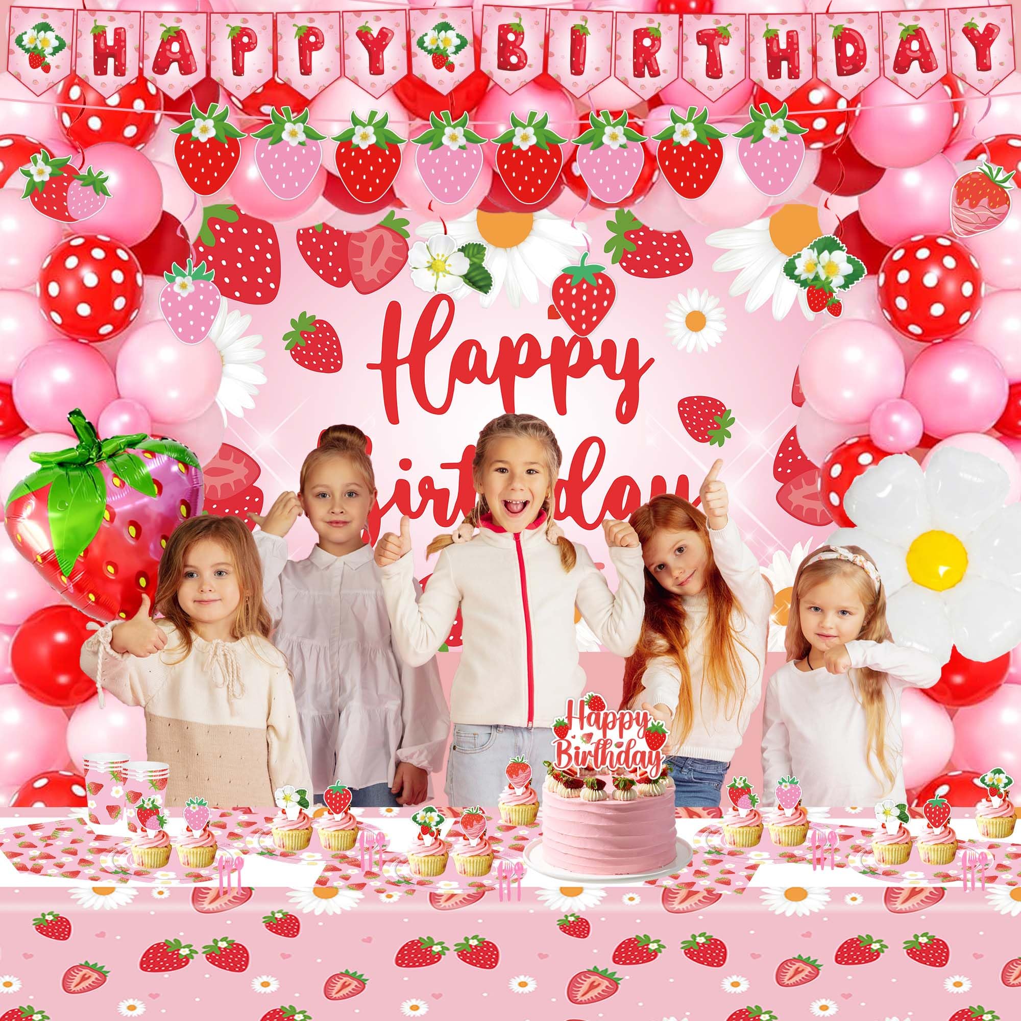 ZOYVUX Strawberry Birthday Decorations, Berry Party Decorations Including Balloon Arch Banner, Tablecloth, Backdrop, Cake Topper, Balloons, Hanging Swirls, Plates, Cups For Strawberry Themed Party