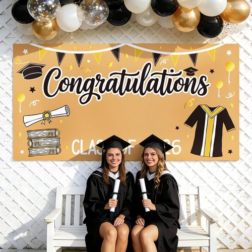 2026 Graduation Decorations | Black and Gold DIY Banner - 61 x 32 Inch Congrats Photo Backdrop
