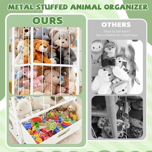 Puppiluv Stuffed Animal Storage, Metal Stuff Animals Zoo Holder with Fabric Drawer and Wheels Tall Vertical Plushies Toy Organizer Plush Storage Cage with Elastic Band for Nursery Playroom Corner