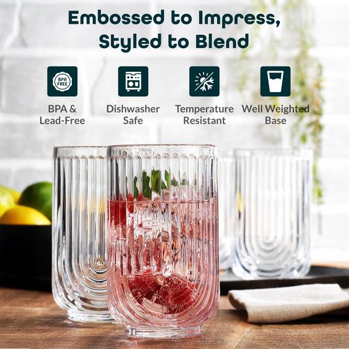 Glaver's Drinking Glasses Set of 8. 17oz Vintage Drinking Cups. Ripple Cocktail Glasses, Ribbed Drinking Highball Glass Cups. Arch Designed Art Deco Glassware for Water Juice Coffee. Package may Vary