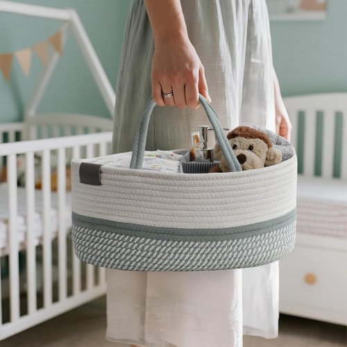 DECOMOMO Baby Caddy Organizer - Large Diaper Basket for Baby Shower | Sage Green & White