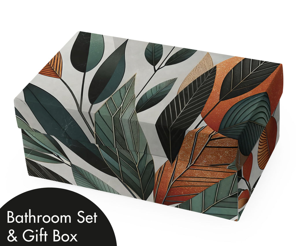 Ambesonne Boho Bathroom Decor Set 4 Pcs, Shower Curtain Bath Mat Soap Dispenser Toothbrush Holder in a Gift Box Essentials and Accessories, Mid Century Exotic Leaf, Orange Laurel Green Grey