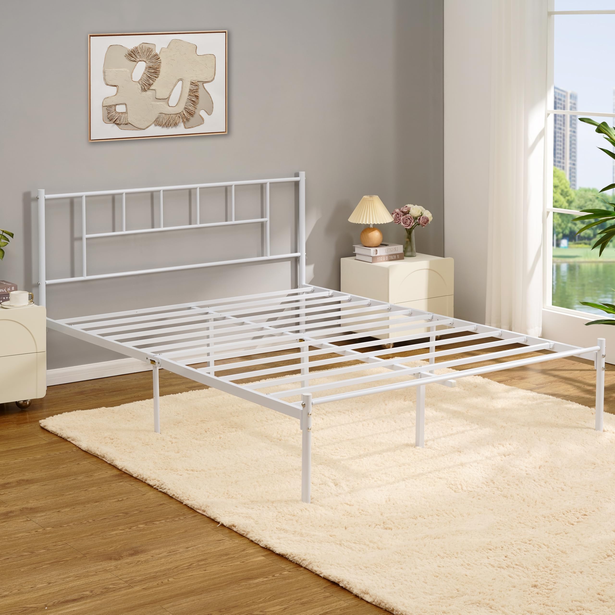 VECELO Full Metal Platform Bed Frame with Headboard, Heavy Duty Steel Slat Support, Under Bed Storage,No Box Spring Needed, Easy Assembly