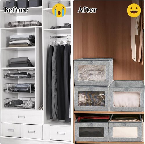 Linen Closet Storage Bins - 6 Pieces with Clear Window | Organize Clothes, Books & More