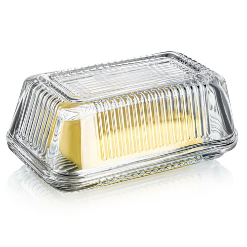 Clear Glass Butter Dish with Lid for Countertop, 6.5" Crystal Butter Dish with Cover, Covered Butter Tray for Refrigerator