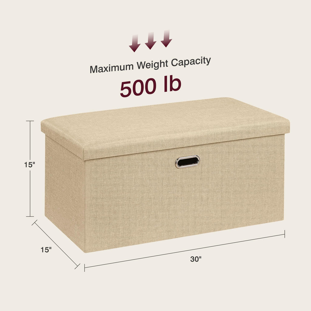 VECELO 30'' Folding Storage Ottoman Bench, End of Bed Linen Fabric Foot Rest Stool with Padded Seat, Large Footstools for Bedroom, Living Room, Load 500 lb, Khaki