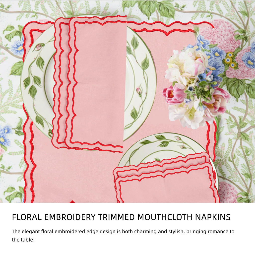 MIKI WELL Scalloped Embroidery Cloth Napkins Set of 4 14"X14" Cotton Napkins for Potluck Party Wedding Table Decor (Square Pink with Red)