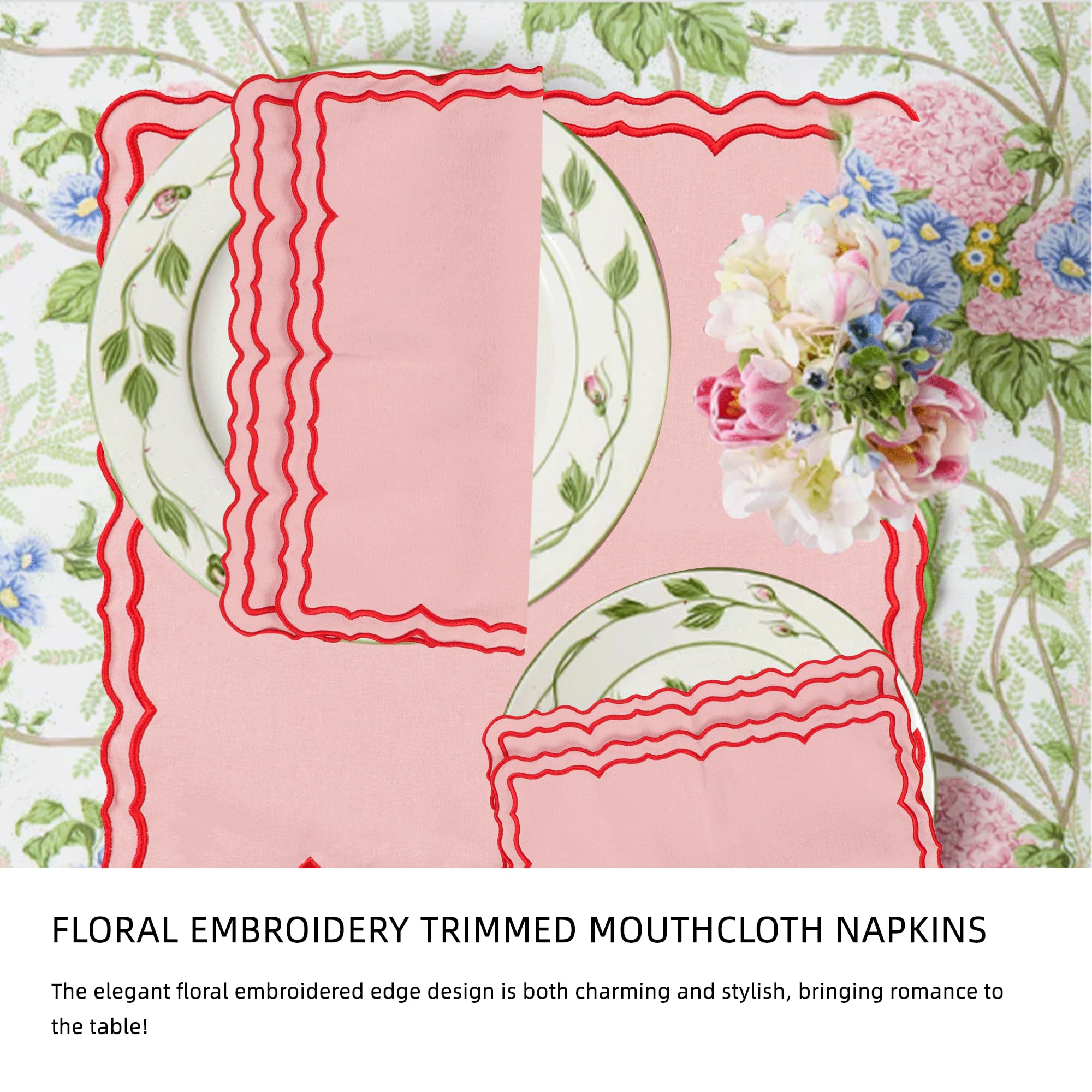 MIKI WELL Scalloped Embroidery Cloth Napkins Set of 4 14"X14" Cotton Napkins for Potluck Party Wedding Table Decor (Square Pink with Red)