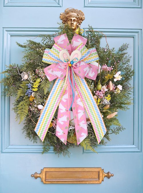 BUVANE Easter Wreath Bows - Large Burlap Bunny Bows for Indoor/Outdoor Holiday Decor | Pink