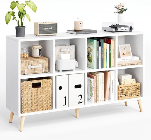 Flrrtenv 8-Cube Bookshelf - Modern 2-Tier Bookcase with Legs | 47" Wood Storage Organizer in White