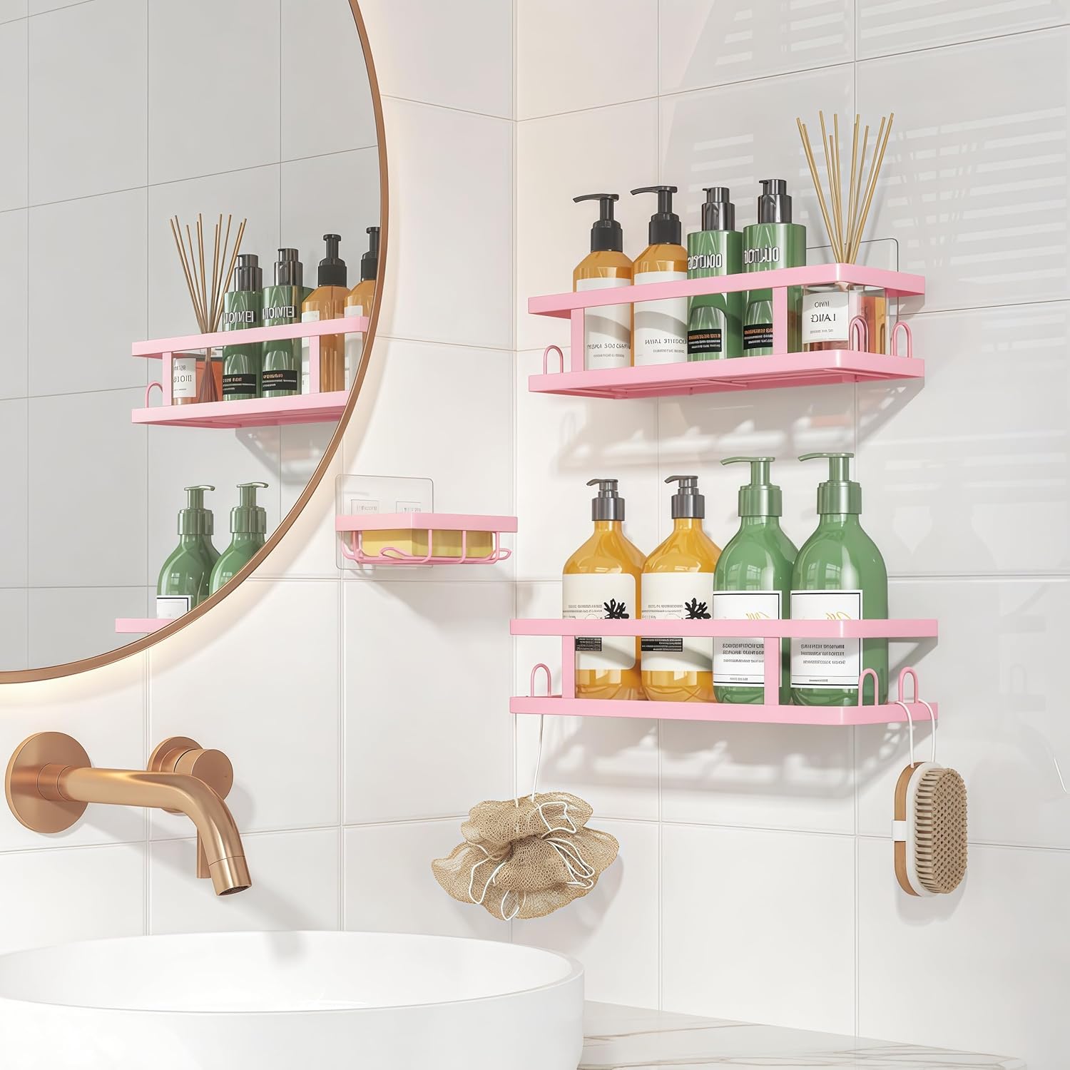 Youvip Adhesive Shower Caddy - No-Drill Bathroom Organizer with Soap Holder & 12 Hooks | Pink, 3 Pack