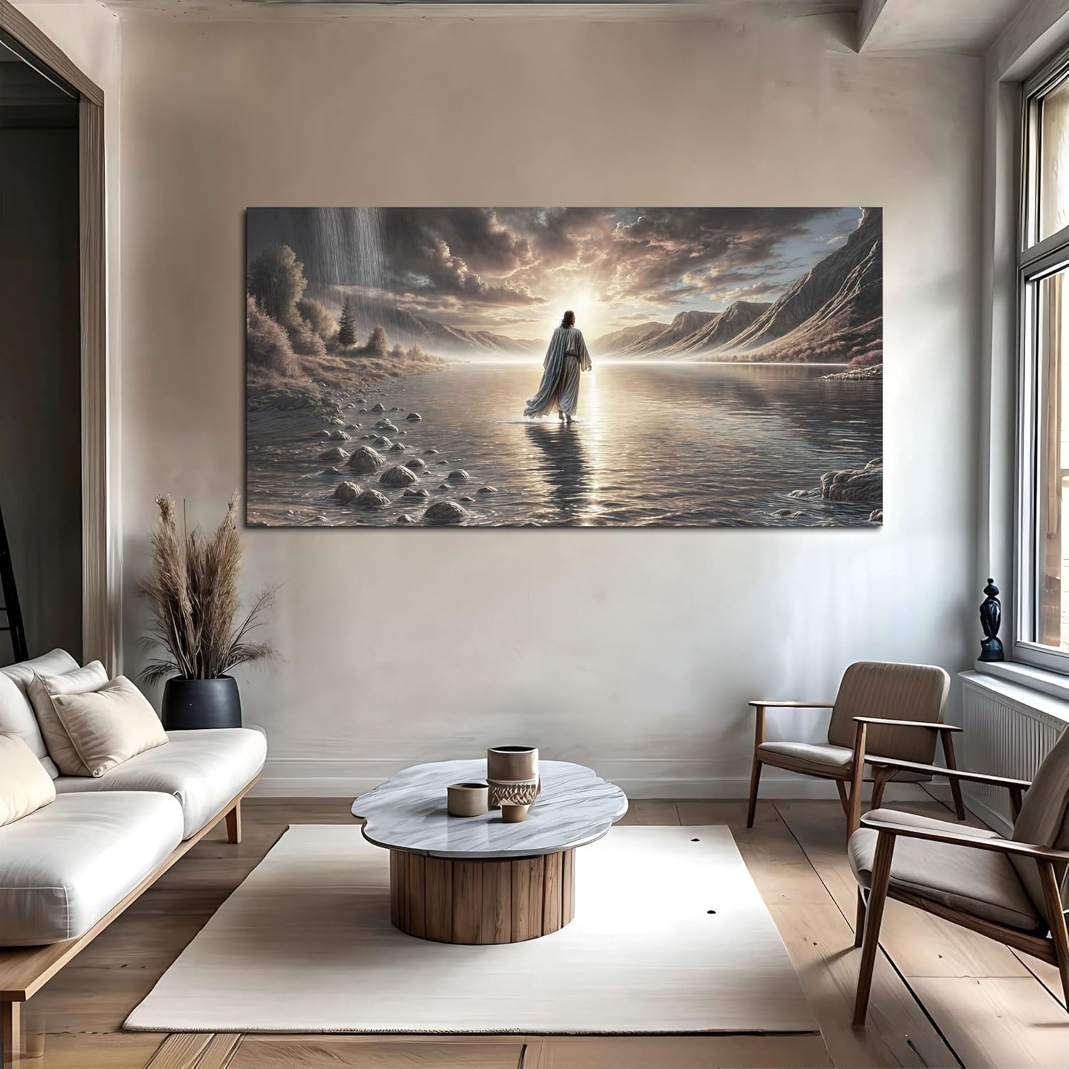 TAILORED CANVASES Jesus Walking on Water Wall Art - Framed Christian Canvas Decor for Home or Church | 48x24