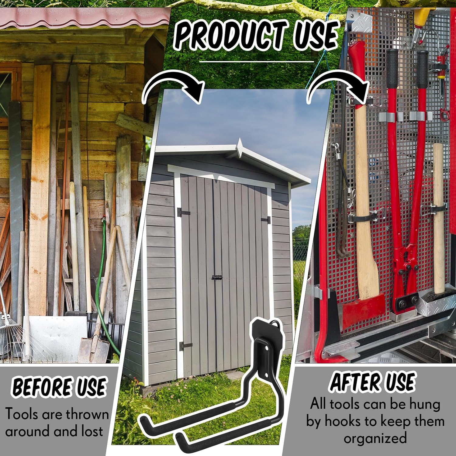 MorningRo Shed Hooks - Multi-Purpose Metal Tool Holder for Large & Small Tools | Black (2 Pack)