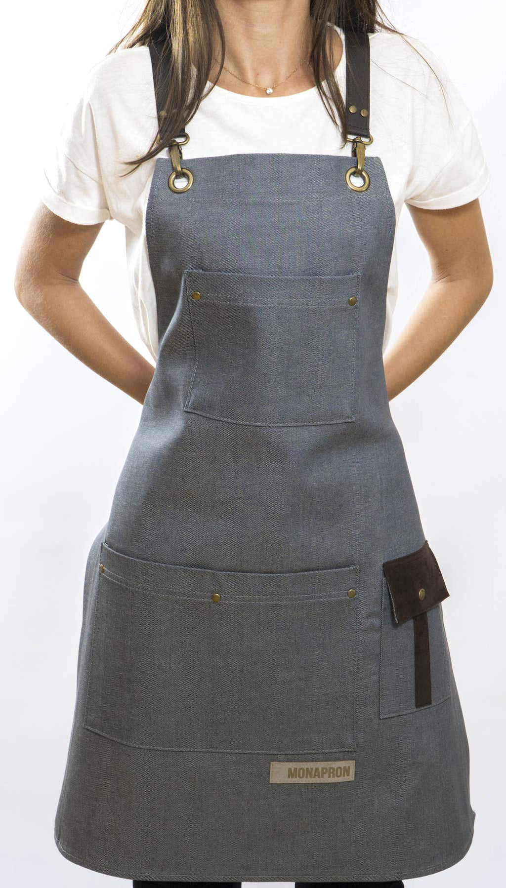 MONAPRON Denim Unisex Women and men Chef Apron with Vegan Leather Extra Pockets Adjustable Straps, Cooking Kitchen Apron for Wife Husband, Grill BBQ Server, Bartenders, Gardening Baking gray
