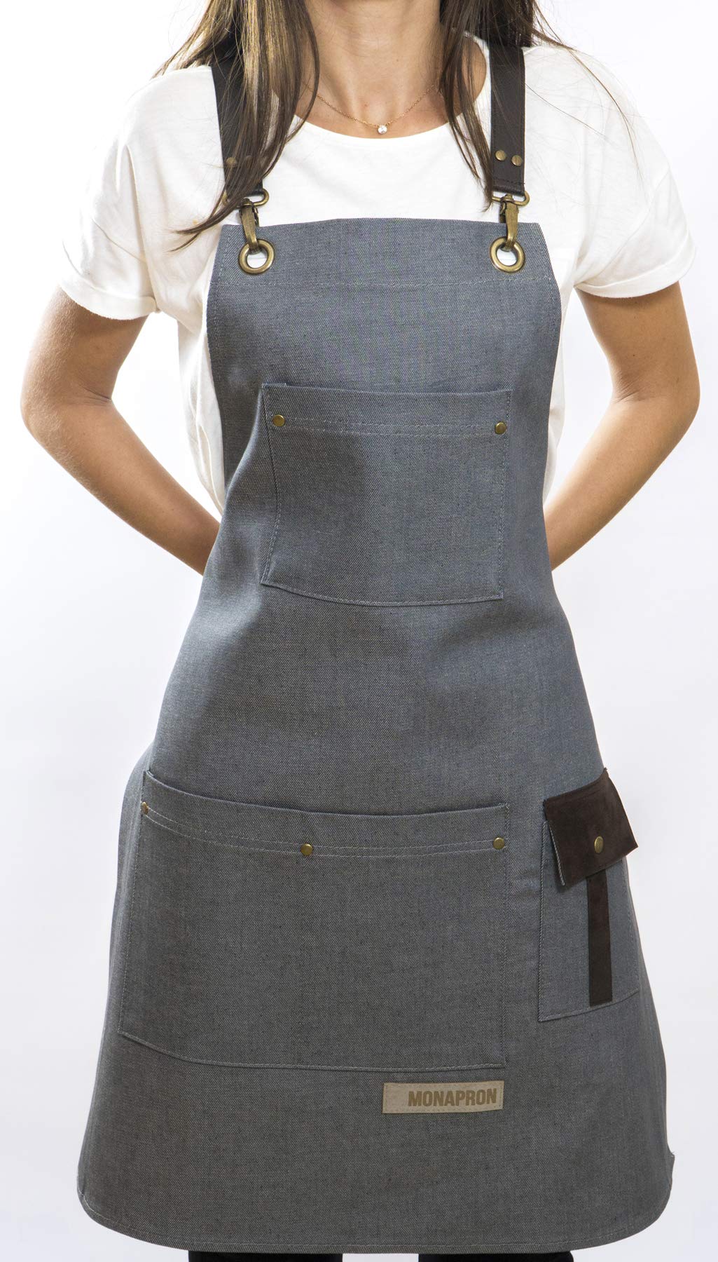 MONAPRON Denim Unisex Women and men Chef Apron with Vegan Leather Extra Pockets Adjustable Straps, Cooking Kitchen Apron for Wife Husband, Grill BBQ Server, Bartenders, Gardening Baking gray