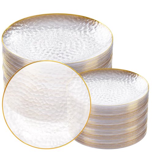 Rubtlamp 100Pcs Clear Gold Plastic Plates, Disposable Plates With Gold Rim, Heavy-duty Party Platos, Hammered Plastic Plates Include 50 Clear Dessert Plates, 50 Dinner Plates for Party