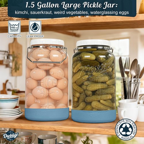 Dwbligt 1.5 Gallon Huge Glass Jar with Airtight Lid, Wide Mouth Large Mason Jars for Fermenting, Pickling, Canning, Water Glassing Eggs, Kombucha, and Food Storage – with Handle & Scale Marks(2 Packs)