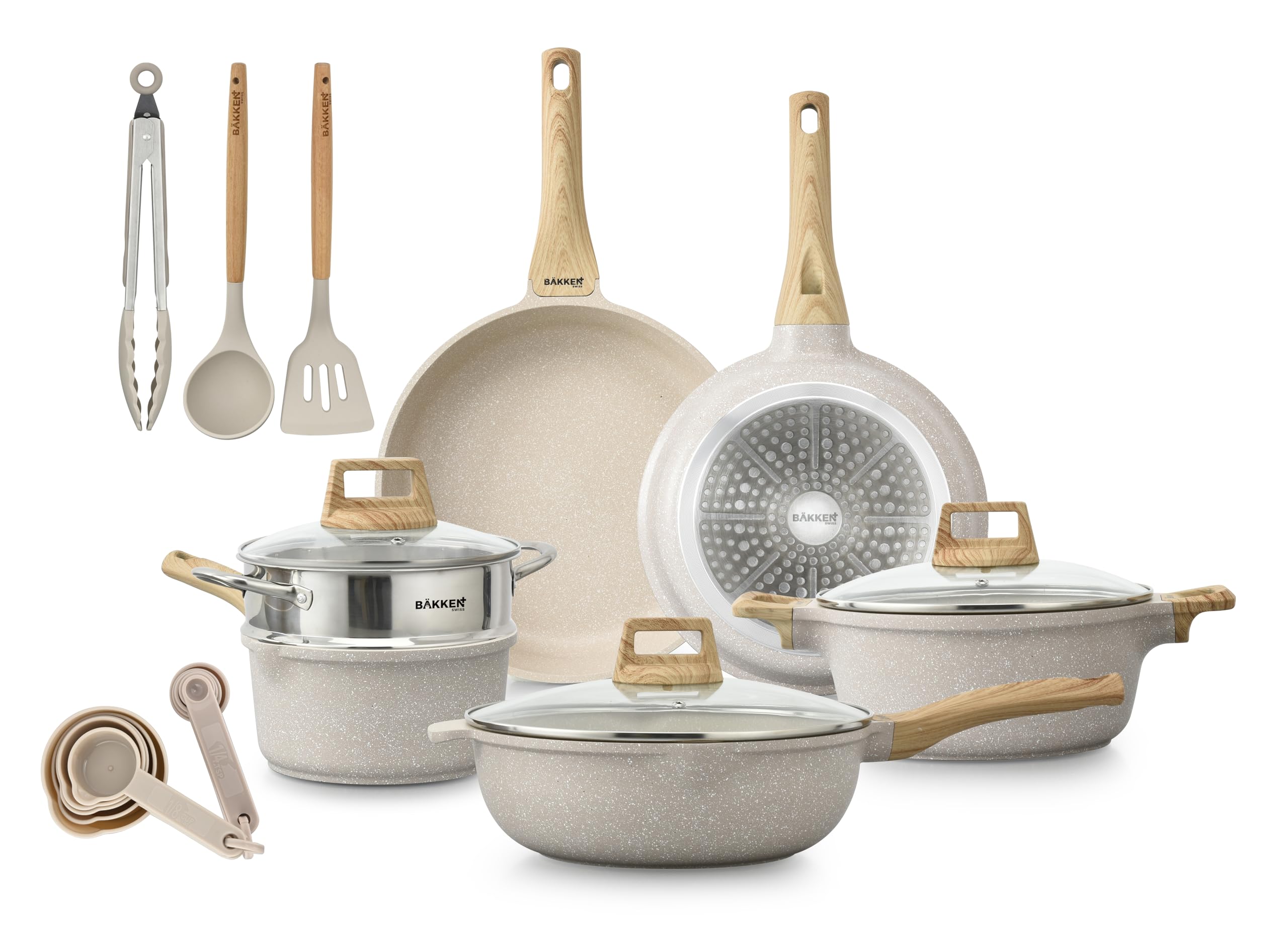 Bakken-Swiss 14-Piece Kitchen Cookware Set – Granite Non-Stick – Eco-Friendly – PFOA, PFOS, and PTFE Free for All Stoves & Oven-Safe,