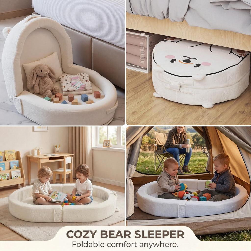 Portable Toddler Bed BUMNANA Folding Toddlers Floor Beds for Kids Foldable Soft Foam Travel Bed for Baby, Washable Cover Toddler Cot with Safety Rail for Travel, Home/Travel (Polar Bear)