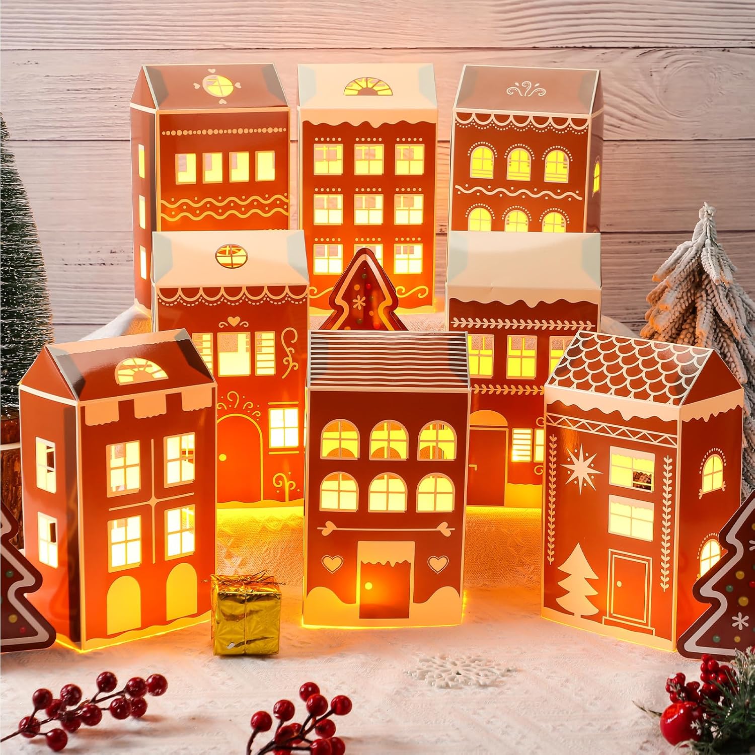 Reallnaive 20 Pcs Large 8" Christmas Cardboard Village Houses Set - DIY LED Candle Decor for Home & Party (Gingerbread, Brown)