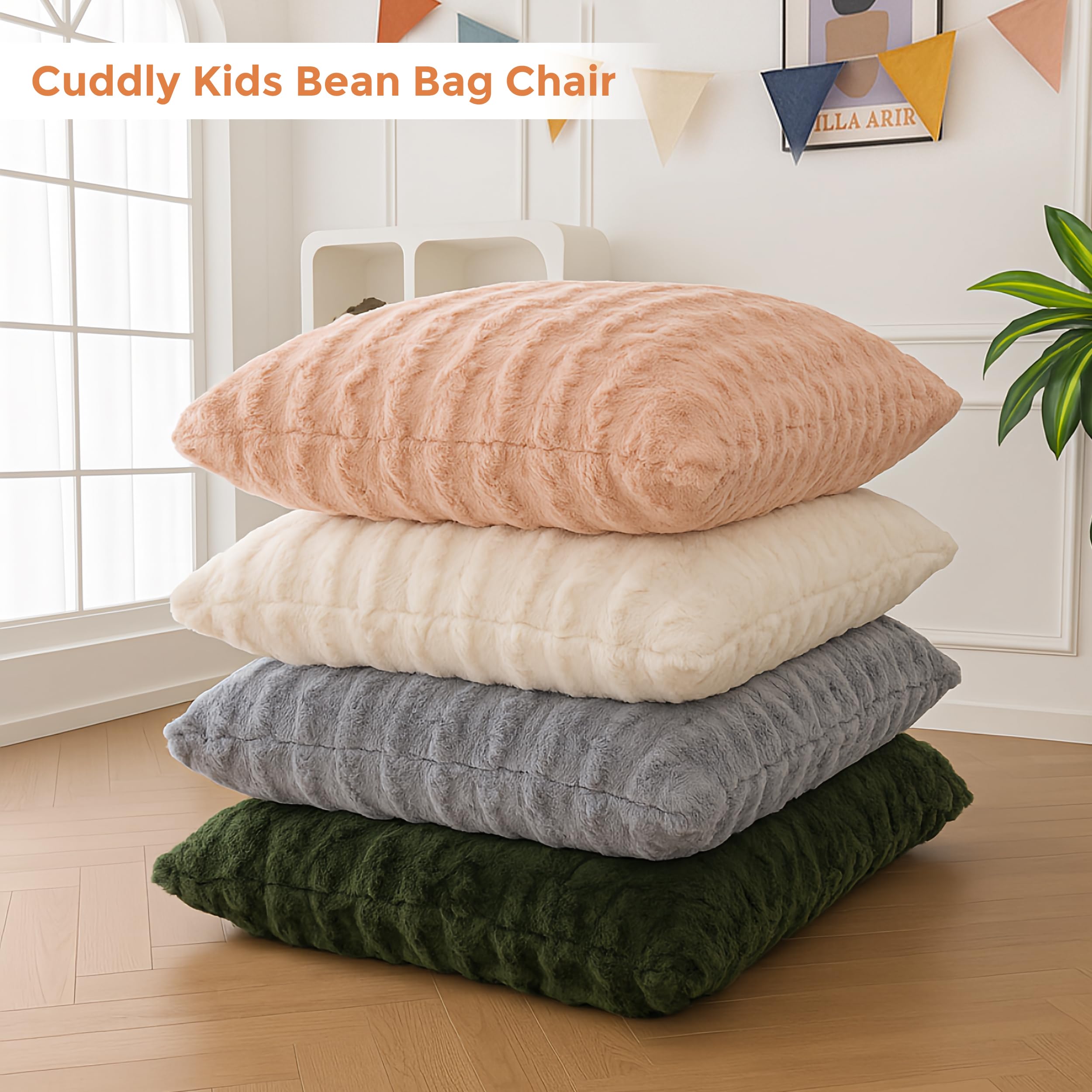MAXYOYO 3 in 1 Kids Bean Bag Chair Bed, Child Floor Sofa for Gaming, Reading, Convertible Bean Bag Floor Cushion with Machine Washable Cover for Living Room Bedroom, Beige