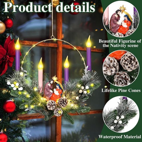 Chunful 20-Inch Christmas Advent Wreath - Flameless LED Candles & Nativity Scene Figurine