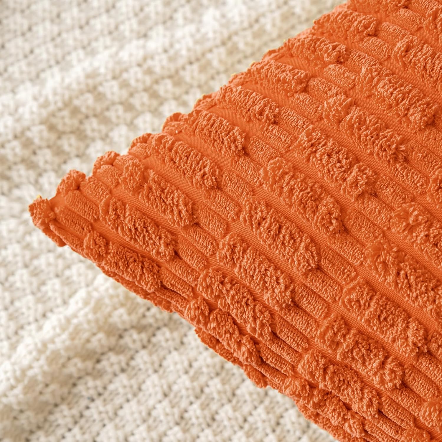 MIULEE Decorative Pillow Covers - Soft Orange Corduroy | Pack of 2, 18x18 Inch, Boho Striped Design for Home Decor