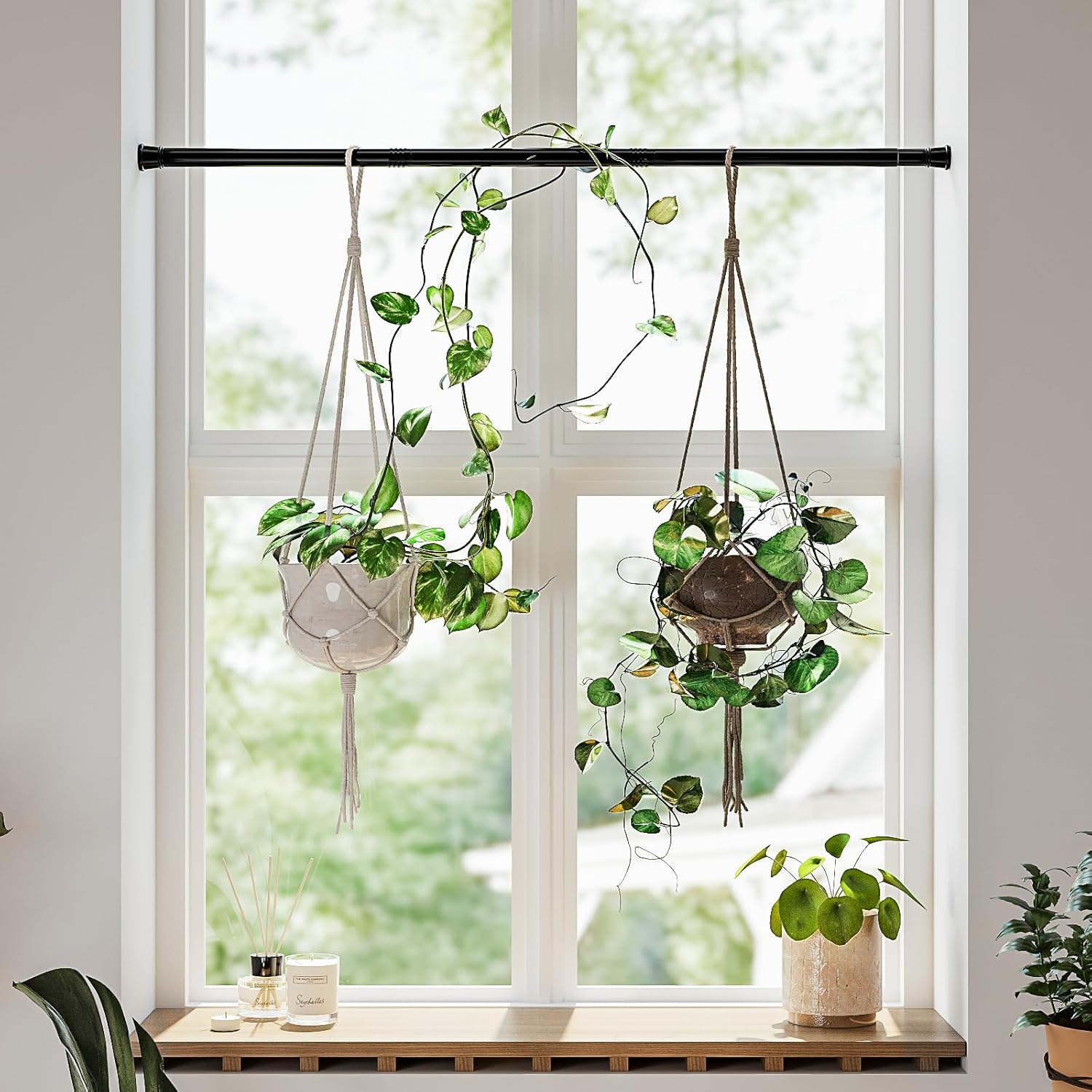 Bamworld Adjustable Indoor Plant Hanger - No-Drill Spring Tension Rods 27''-51'' | Black Expandable Holder