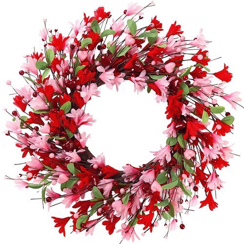 Sggvecsy 20in Valentine's Day Wreath Artificial Pink Red Forsythia Spring Summer Fake Silk Wreath with Heart Berries Green Leaves for Gifts Festival Front Door Window Wall Farmhouse Decor