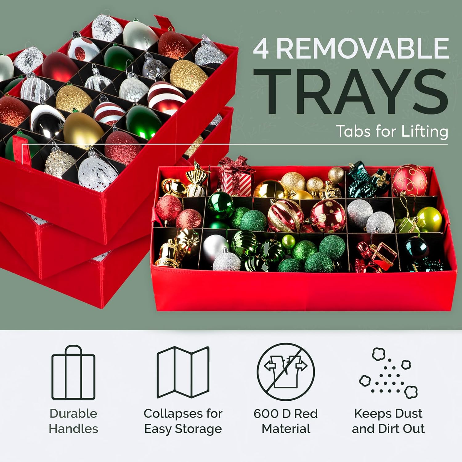 Regine Switzerland Christmas Ornament Storage Container - Large Organizer Bin with Adjustable Dividers for 96 Ornaments