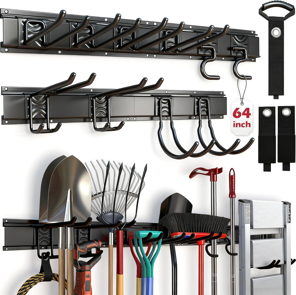 SEDY Heavy Duty Garage Storage Tool Organizer - Wall Mount Rack with Adjustable Hooks, 300lbs Capacity | Easy Installation (10 Hooks, 4 Rails, 3 Straps)