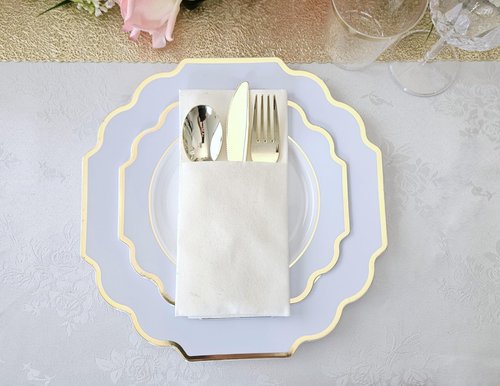 " OCCASIONS " 150 Piece set (25 Guests)-Wedding Plastic Plates & cutlery -Disposable heavyweight Dinnerware 10.5'', 8'' + Silverware w/double fork (Imperial in White/Blue & Gold)