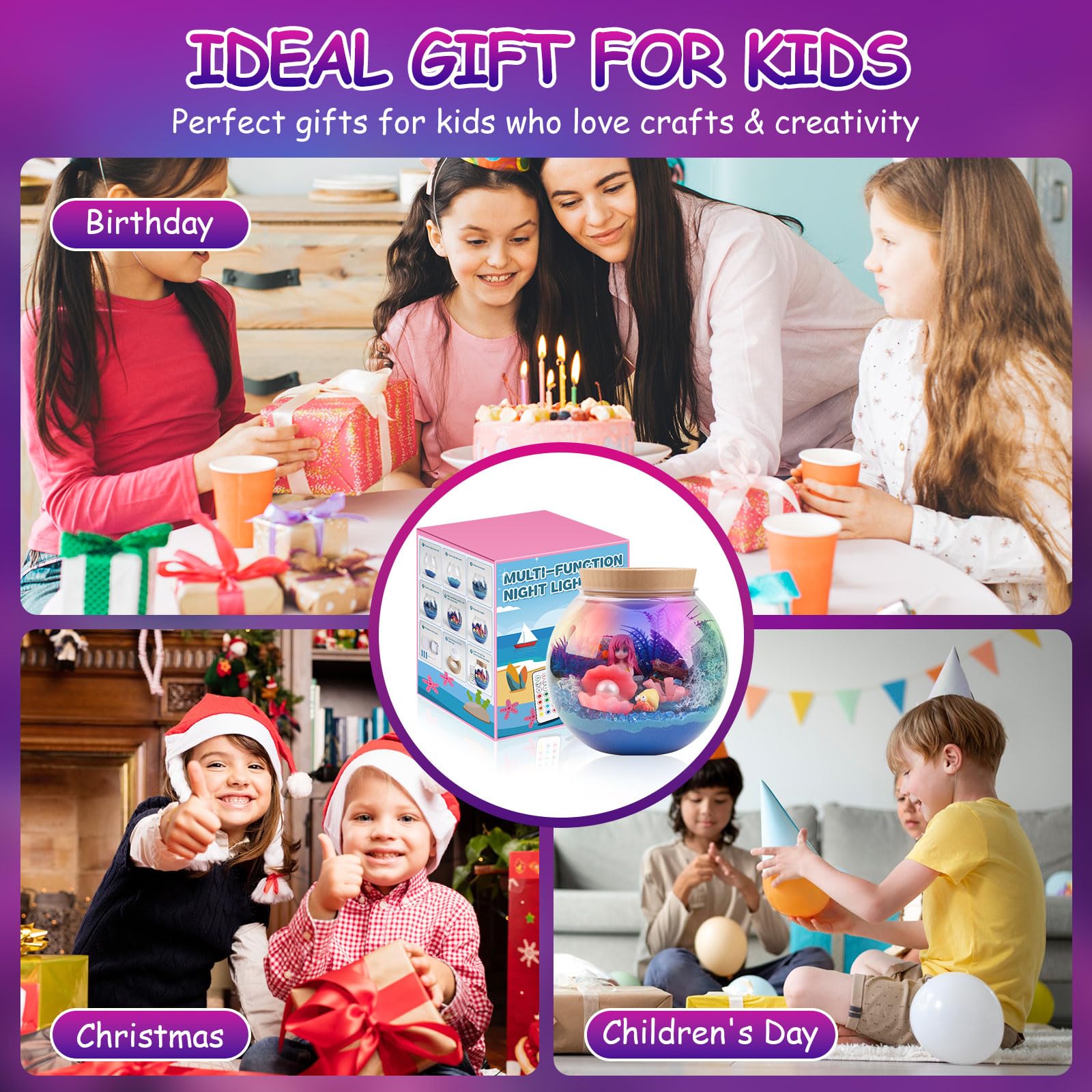 Mileonaim Mermaid Terrarium Kit for Kids - LED Night Light with Remote, DIY Arts and Crafts Birthday Gifts, Mermaid Gifts for Girls Ages 6-12