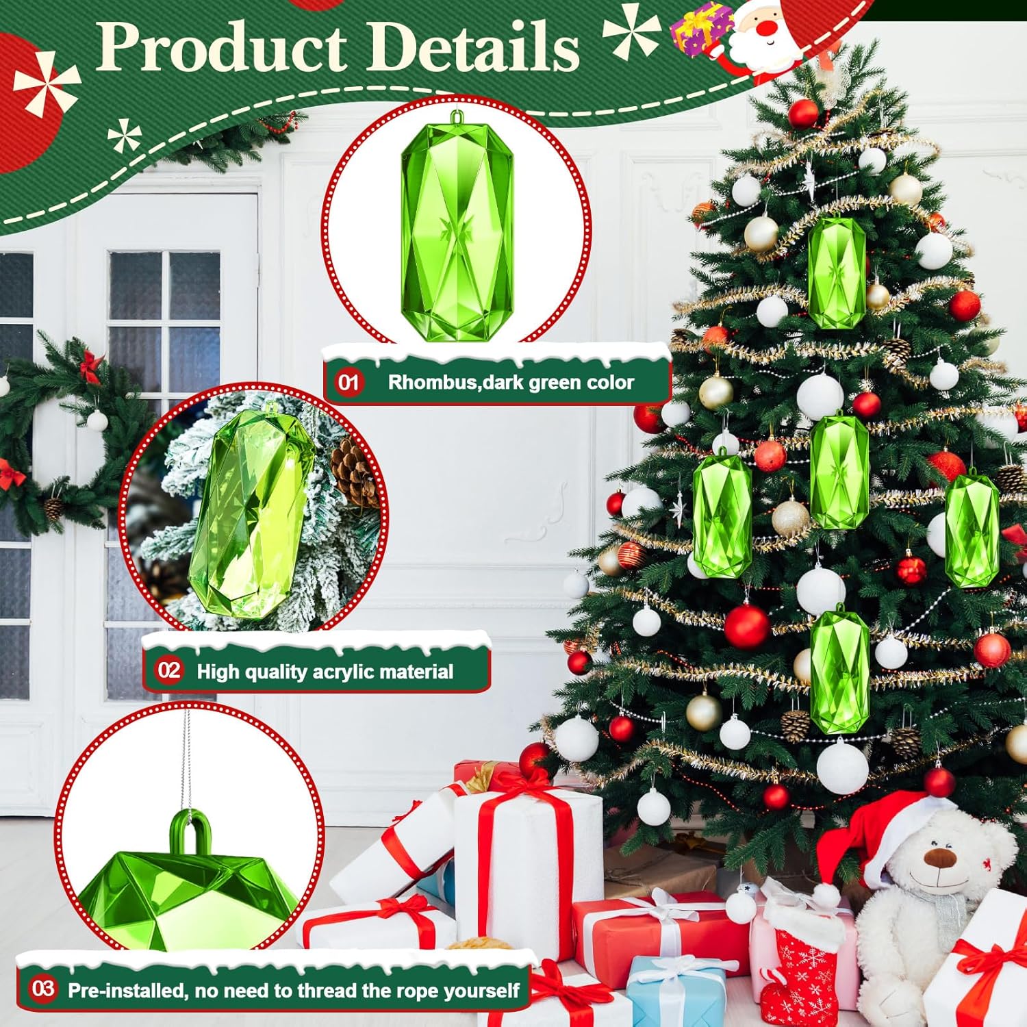 Syhood 4 Pack Green Jewel Ornaments - 5.7 Inch Acrylic Glitter Decorations for Christmas Tree & Holiday Parties