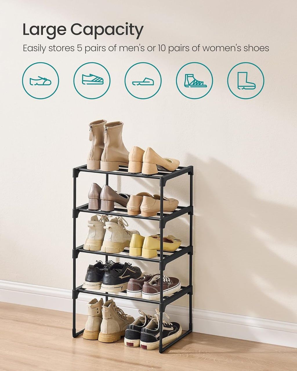 SONGMICS 4-Tier Shoe Rack - Stackable Metal Organizer for 5-10 Pairs | Black, 11.8 x 16.7 x 28.2 Inches