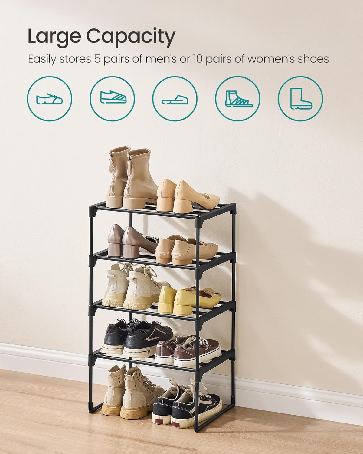 SONGMICS 4-Tier Shoe Rack - Stackable Metal Organizer for 5-10 Pairs | Black, 11.8 x 16.7 x 28.2 Inches