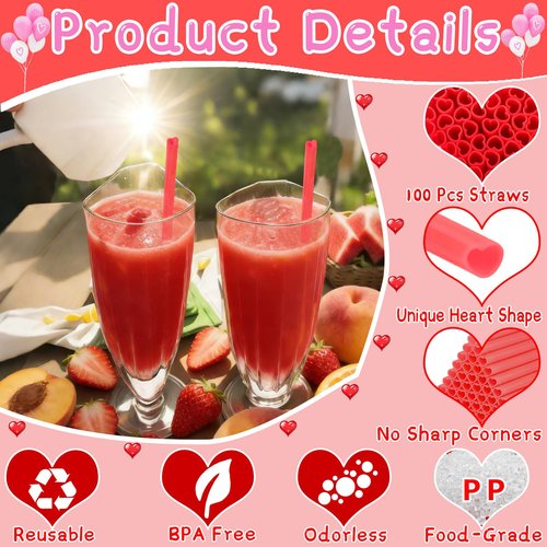 Valentines-Day-Heart-Shaped-Straws-Party-Supplies-Decorations-100 PCS | Dishwasher Safe & Reusable Thick Heart Red Drinking Straws for Cocktail Wedding Bridal Shower Galentines Birthday Party Favors