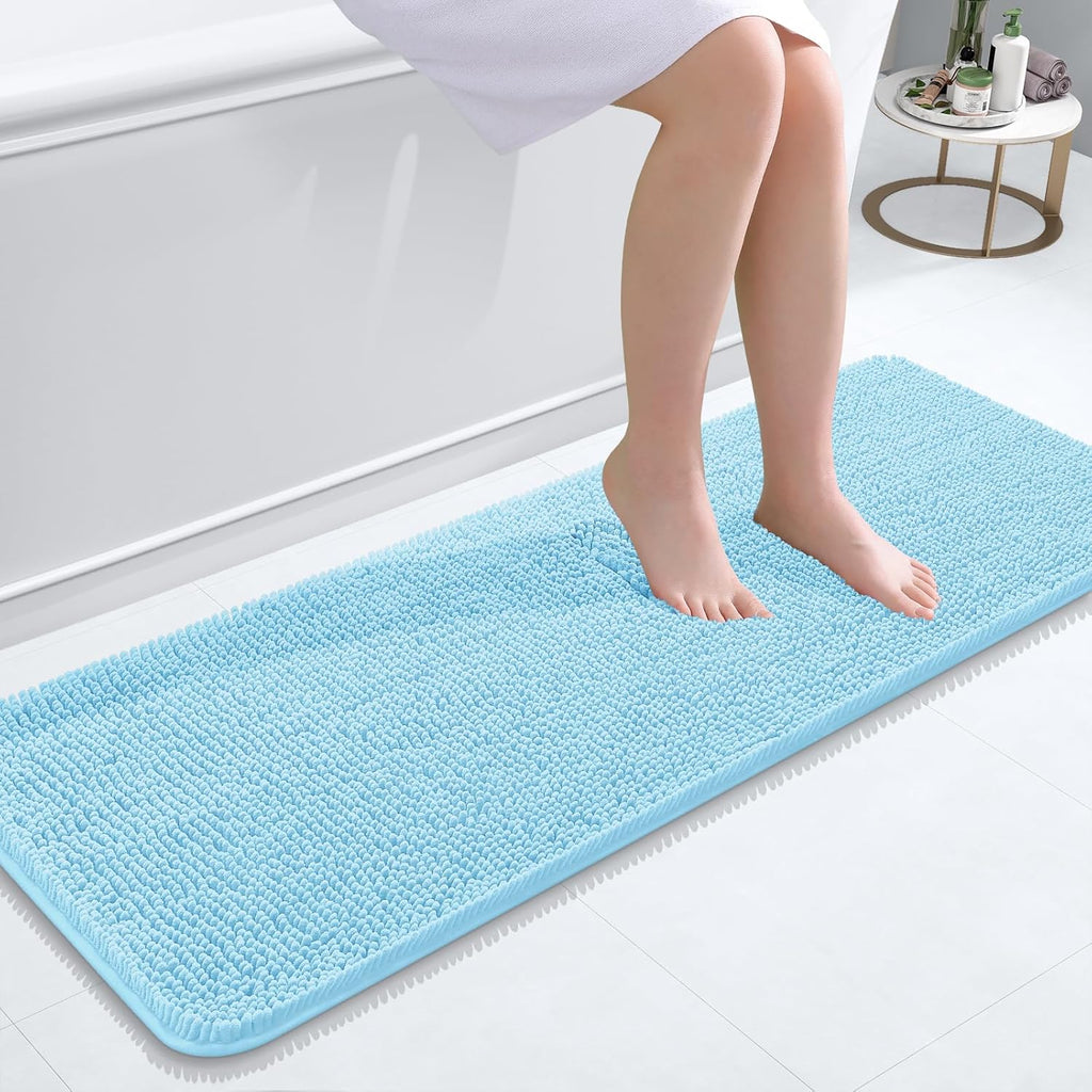 OLANLY Bathroom Runner Rugs - Soft Absorbent Chenille with Rubber Backing | Quick Dry, 47x17, Sky Blue