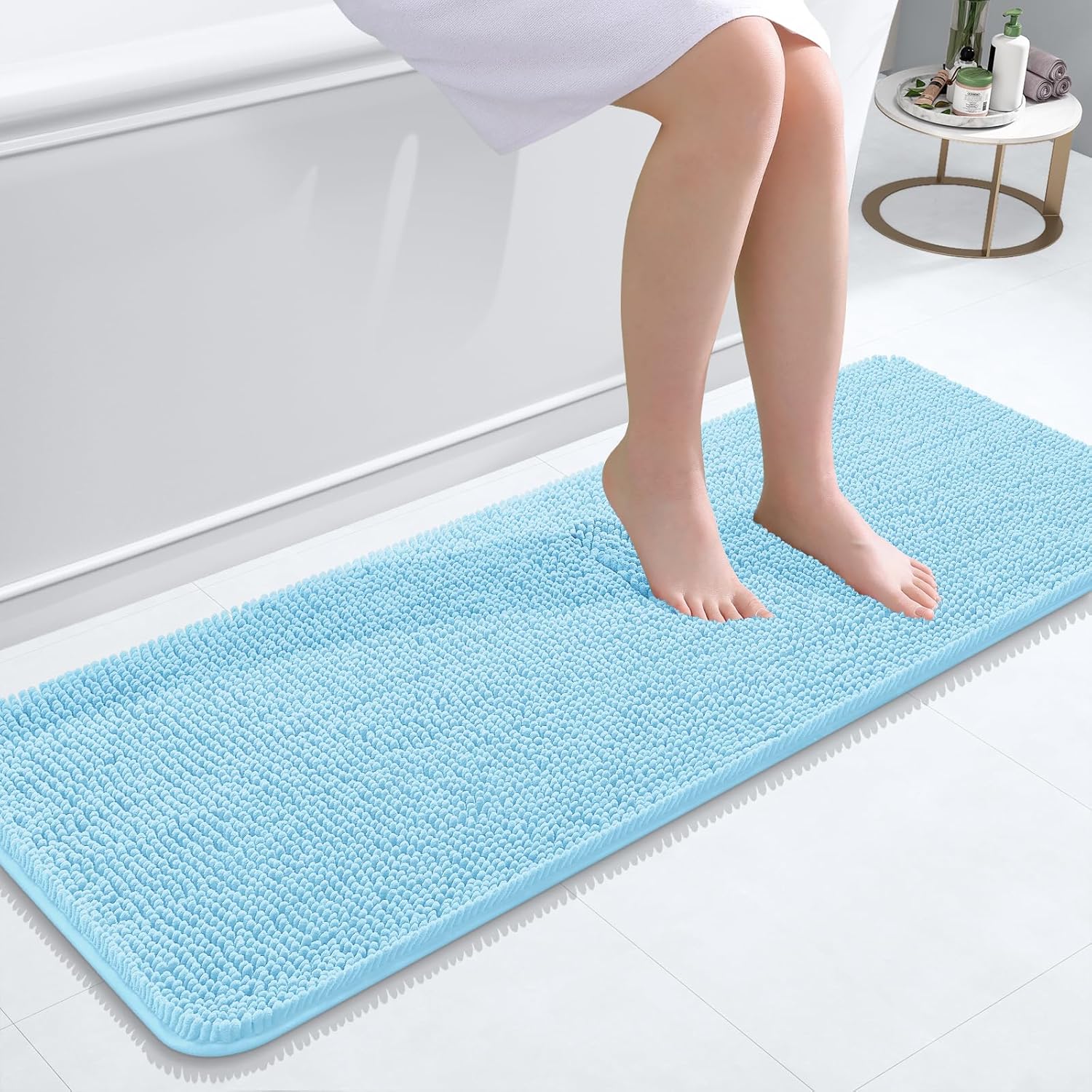 OLANLY Bathroom Runner Rugs - Soft Absorbent Chenille with Rubber Backing | Quick Dry, 47x17, Sky Blue